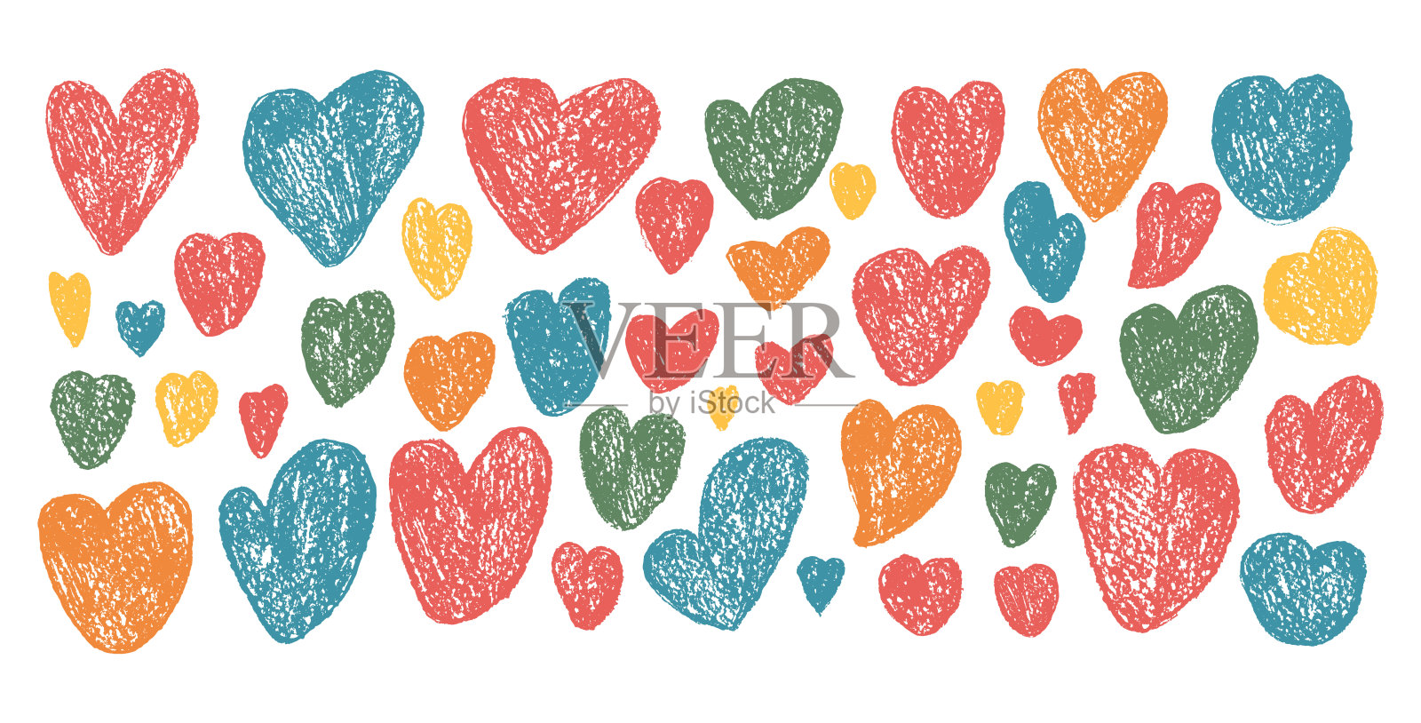 五彩蜡笔心形图案。浪漫元素。爱情符号的磨损图标。质感儿童向量慈善或善良符号形状，铅笔插图，背景为白色。插画图片素材