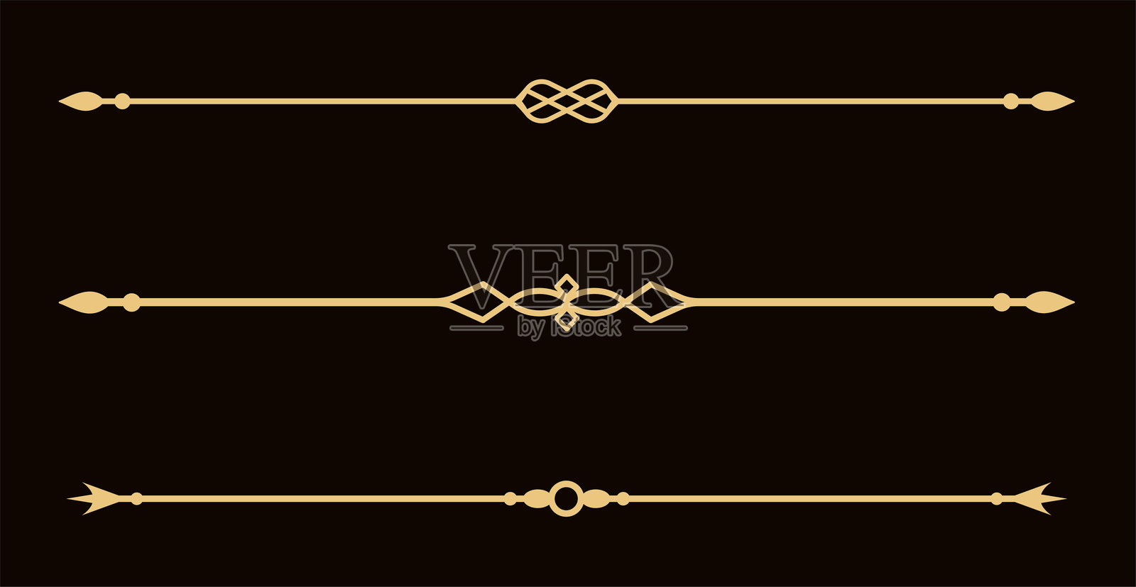 一组复古装饰金线。文本分隔符。金色线条边框。线条分隔符，边框，复古分隔符，下划线元素。矢量插图插画图片素材