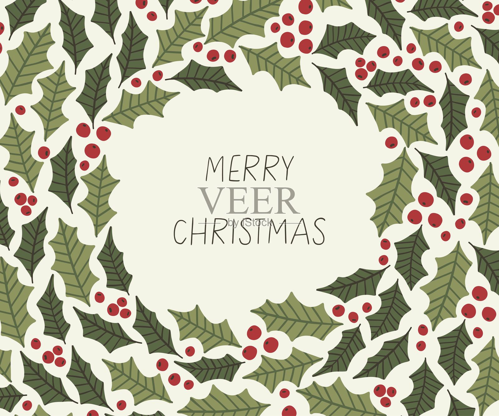 一张带有冬青叶和“圣诞快乐”祝福的平面风格卡片。节日，礼物。手绘矢量插图。插画图片素材