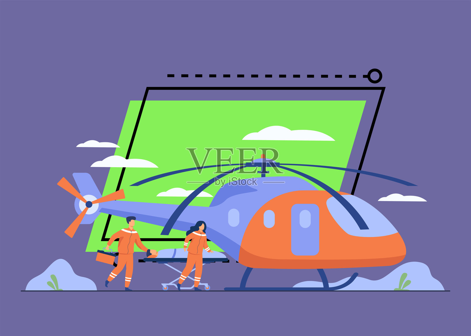 医务工作者推着担架，担架上有受伤者插画图片素材