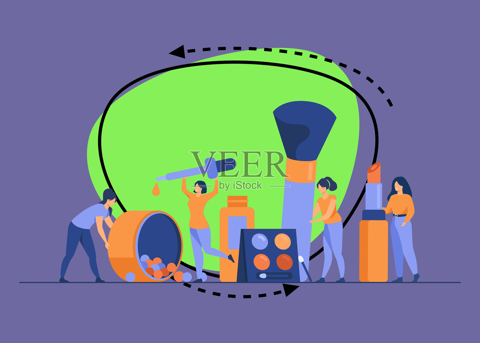 快乐的小个子女性正在测试化妆品。插画图片素材