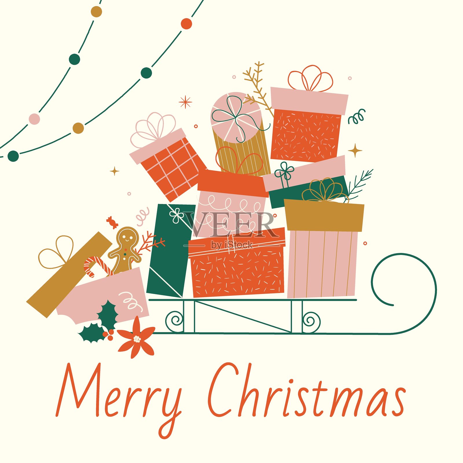 一张圣诞贺卡，上面有一辆装满礼物的雪橇。采用平面风格的冬季节日插图，色彩为橙色、绿色和粉色。插画图片素材