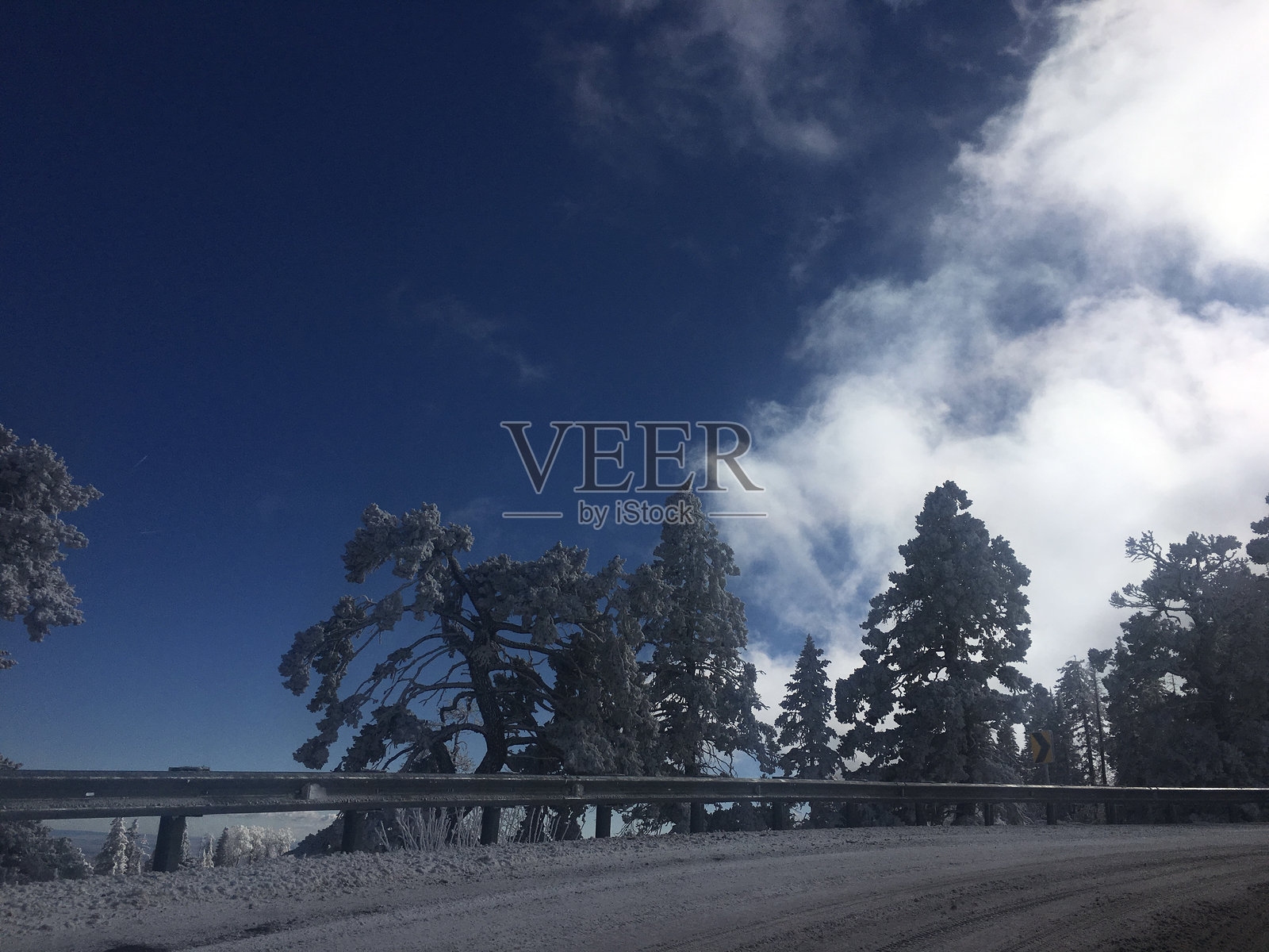 山路上的雪覆盖树木照片摄影图片