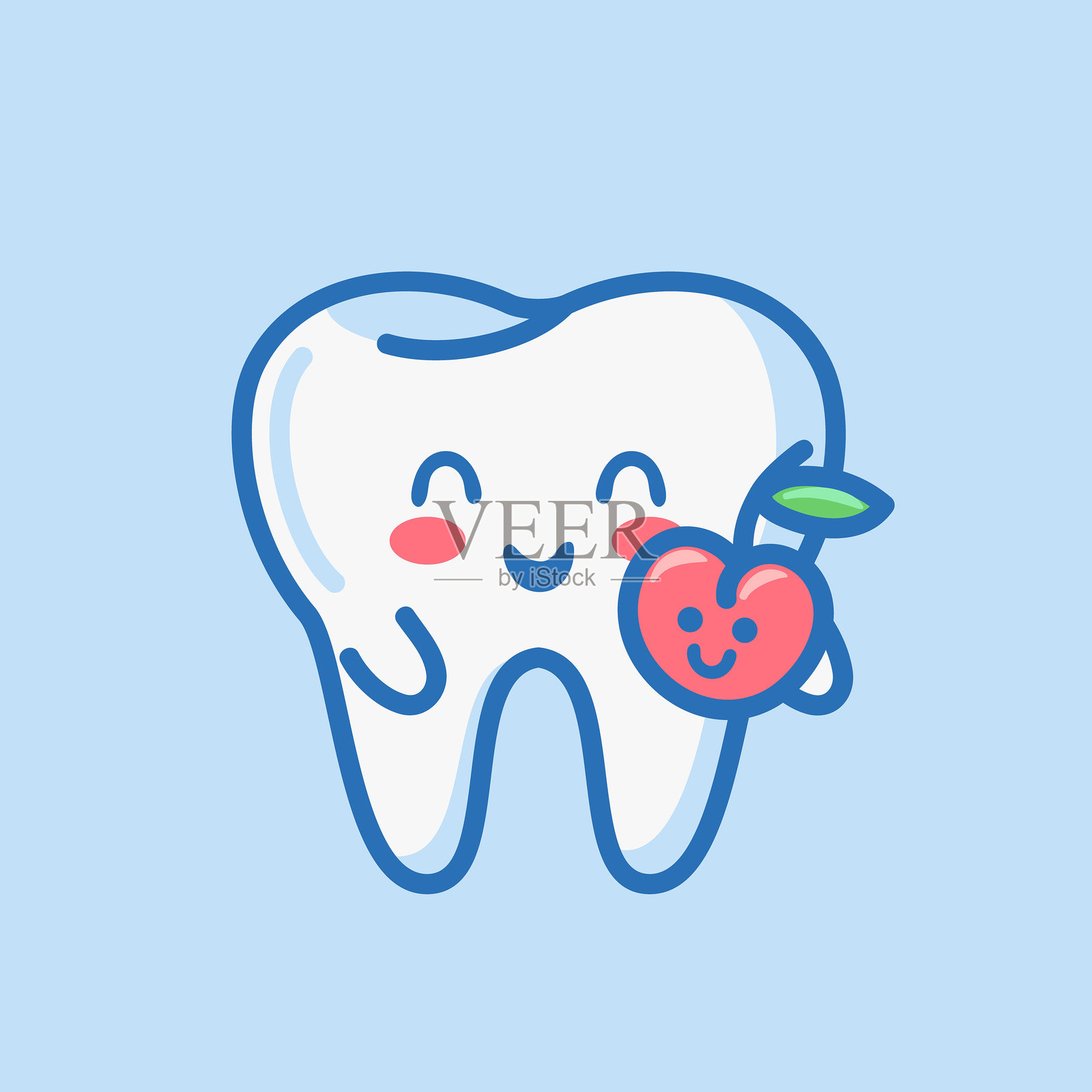 可爱的角色，牙齿与苹果。强调良好营养与牙齿健康之间的联系。可爱风格。适合医疗宣传册模板。插画图片素材