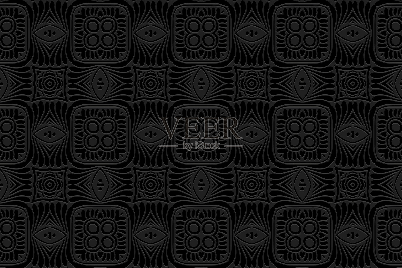 黑色几何背景，部落风格封面设计，横幅。艺术3D图案，浮雕效果。纹理浮雕装饰，阿拉伯花纹，东方的曼陀罗，亚洲，印度，墨西哥，阿兹特克。民族印花。插画图片素材