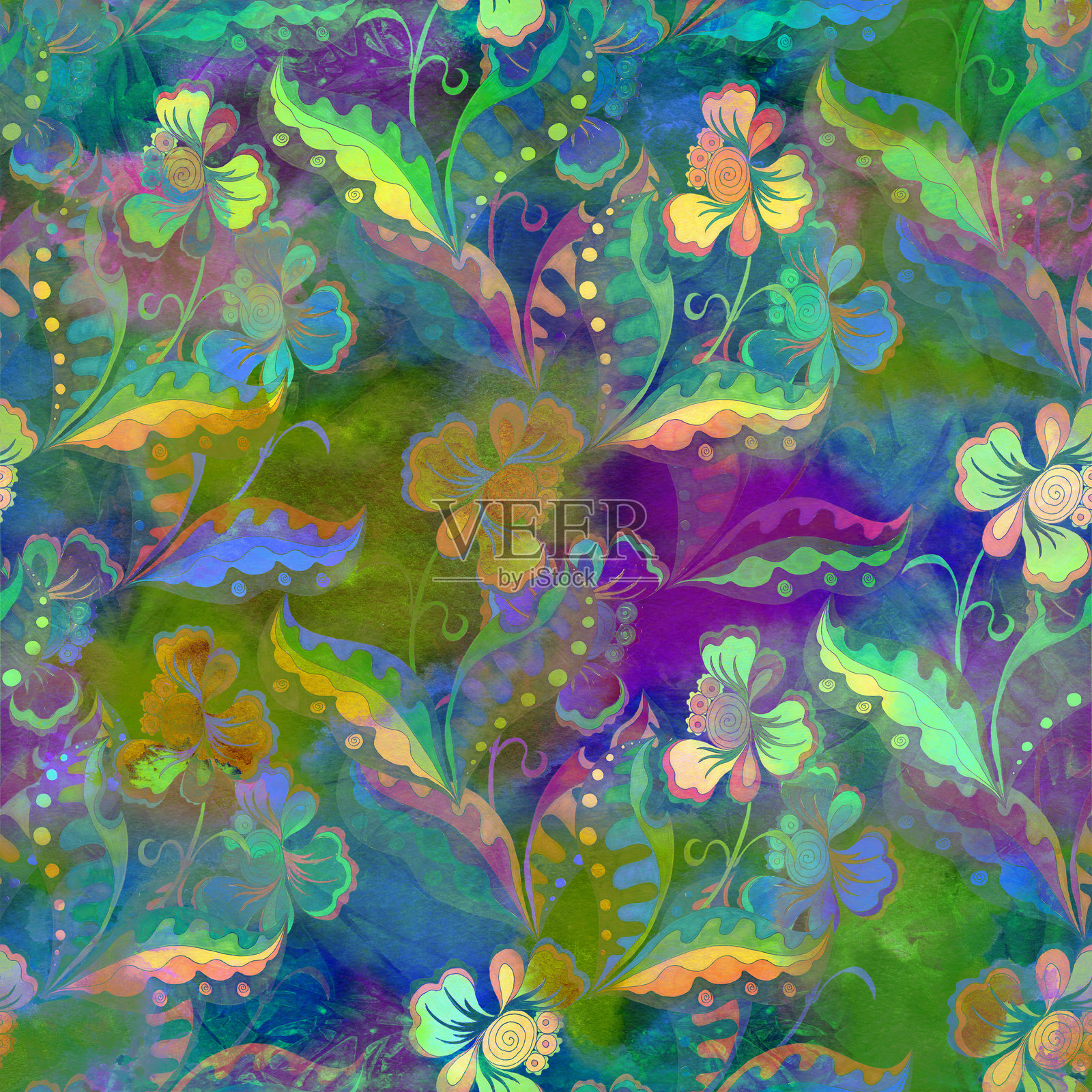 花卉无缝图案。民族图案。乌克兰图案。带有花卉元素的装饰性构图。水彩。壁纸。可用于印刷材料、标志、海报、明信片、包装。插画图片素材