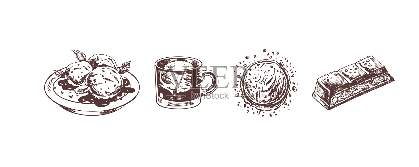 手绘复古冰淇淋、咖啡杯和巧克力插图插画图片素材