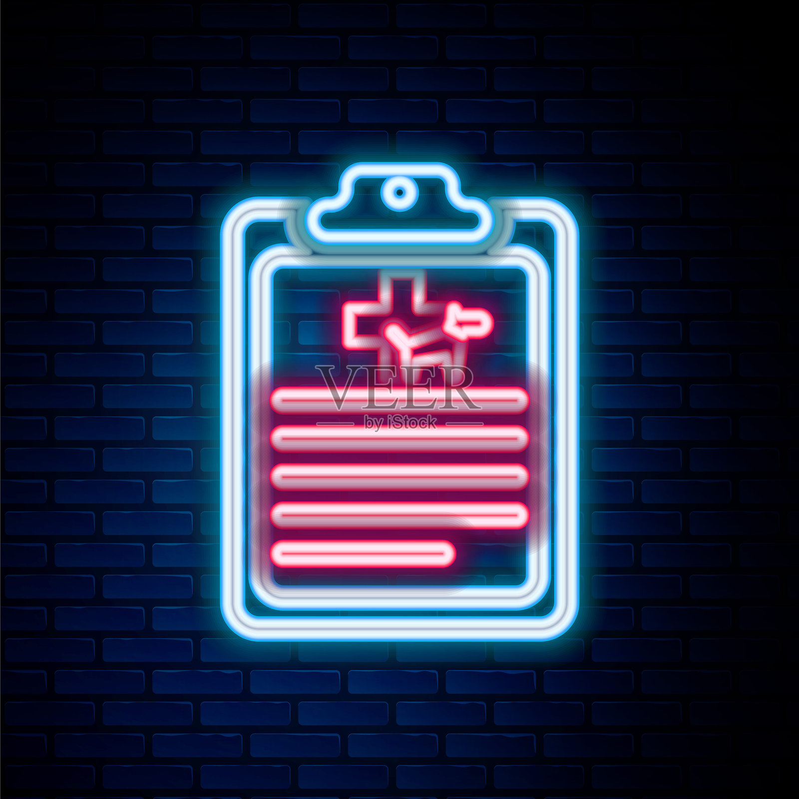 发光的霓虹线条剪贴板，带有医疗临床记录宠物图标，背景为砖墙。健康保险表格。医疗检查标记报告。彩色轮廓概念。矢量图。插画图片素材