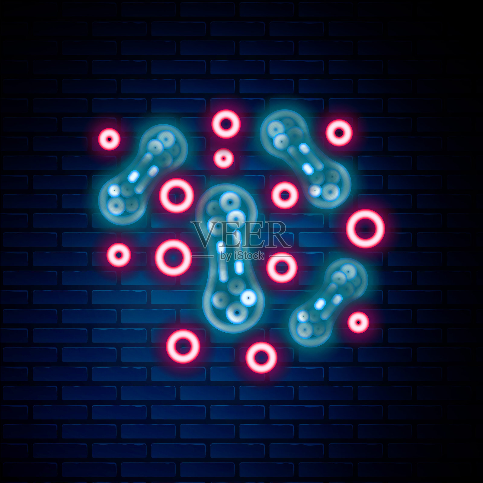 发光的霓虹线细菌图标，背景为砖墙。细菌和病菌，致病微生物，细胞癌症，微生物，病毒，真菌。多彩轮廓概念。矢量图。插画图片素材