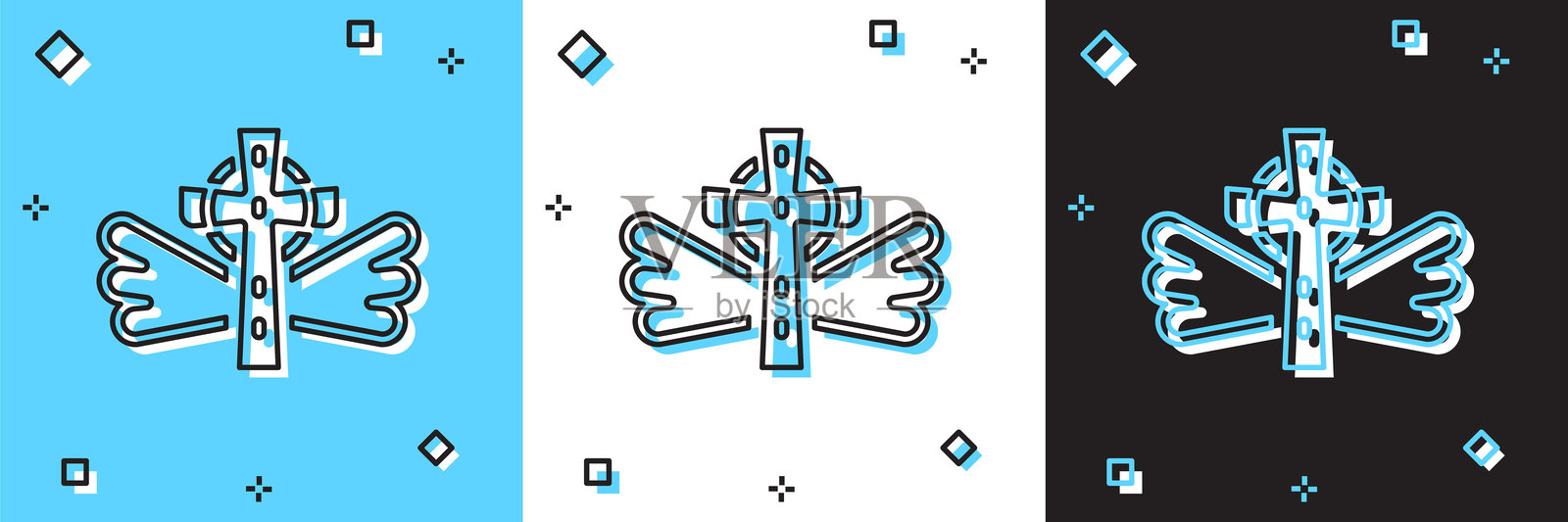 基督教十字架图标，背景为蓝白色和黑色。教堂十字架。矢量图。插画图片素材