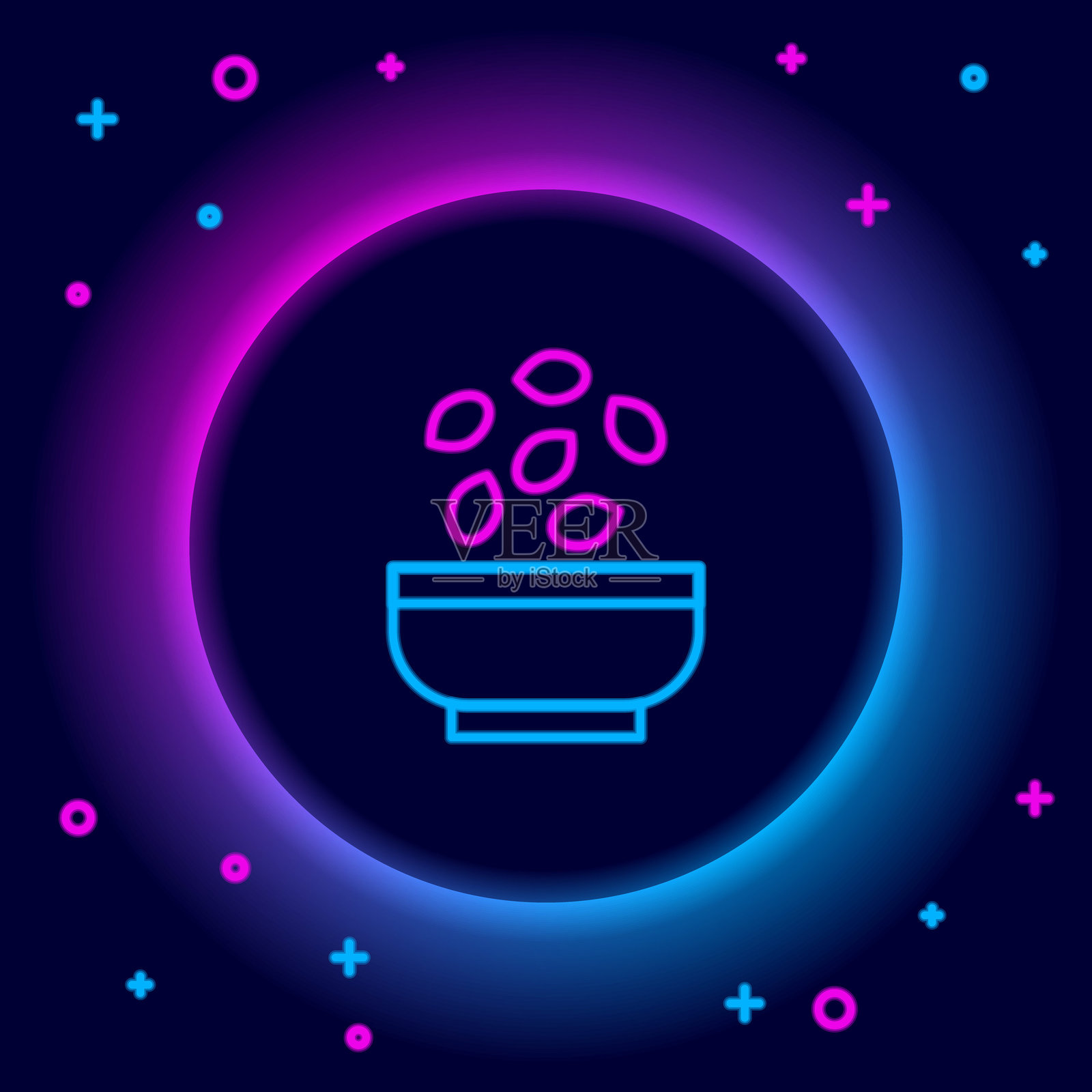 发光的霓虹线种子碗图标，黑色背景下的彩色轮廓概念。插画图片素材