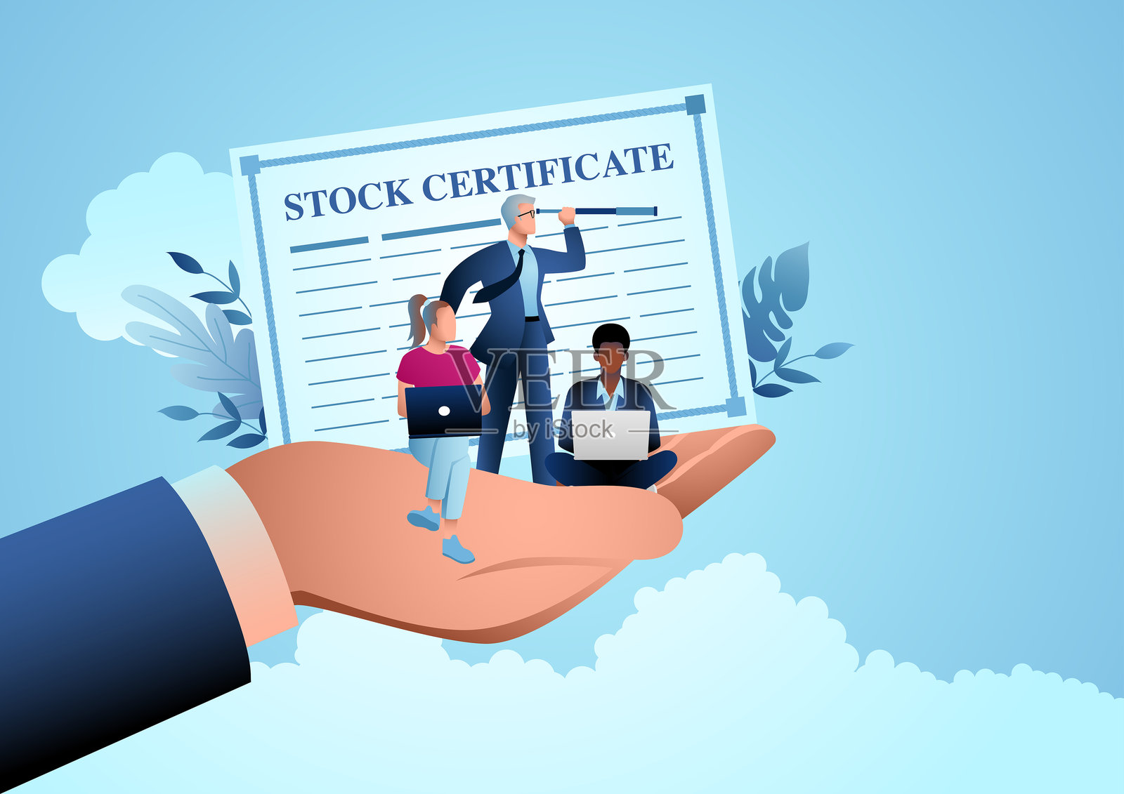 蓝色商人股票证书插画图片素材