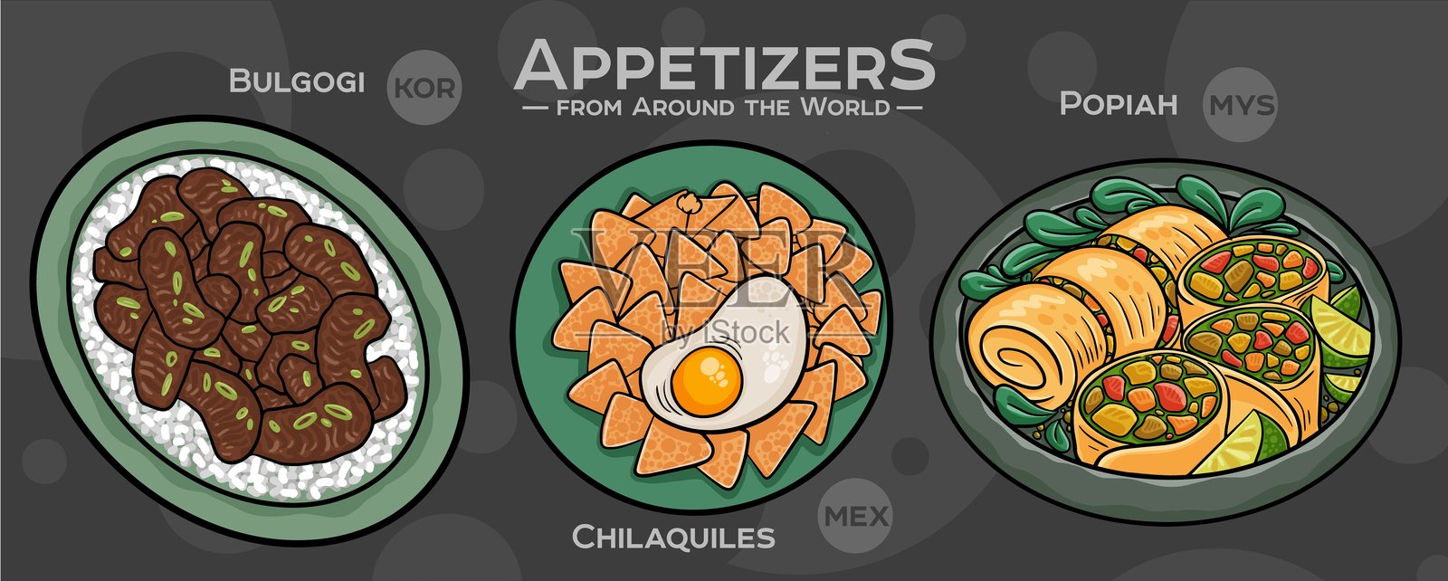 全球美食冒险，特色小盘菜肴琳琅满目插画图片素材