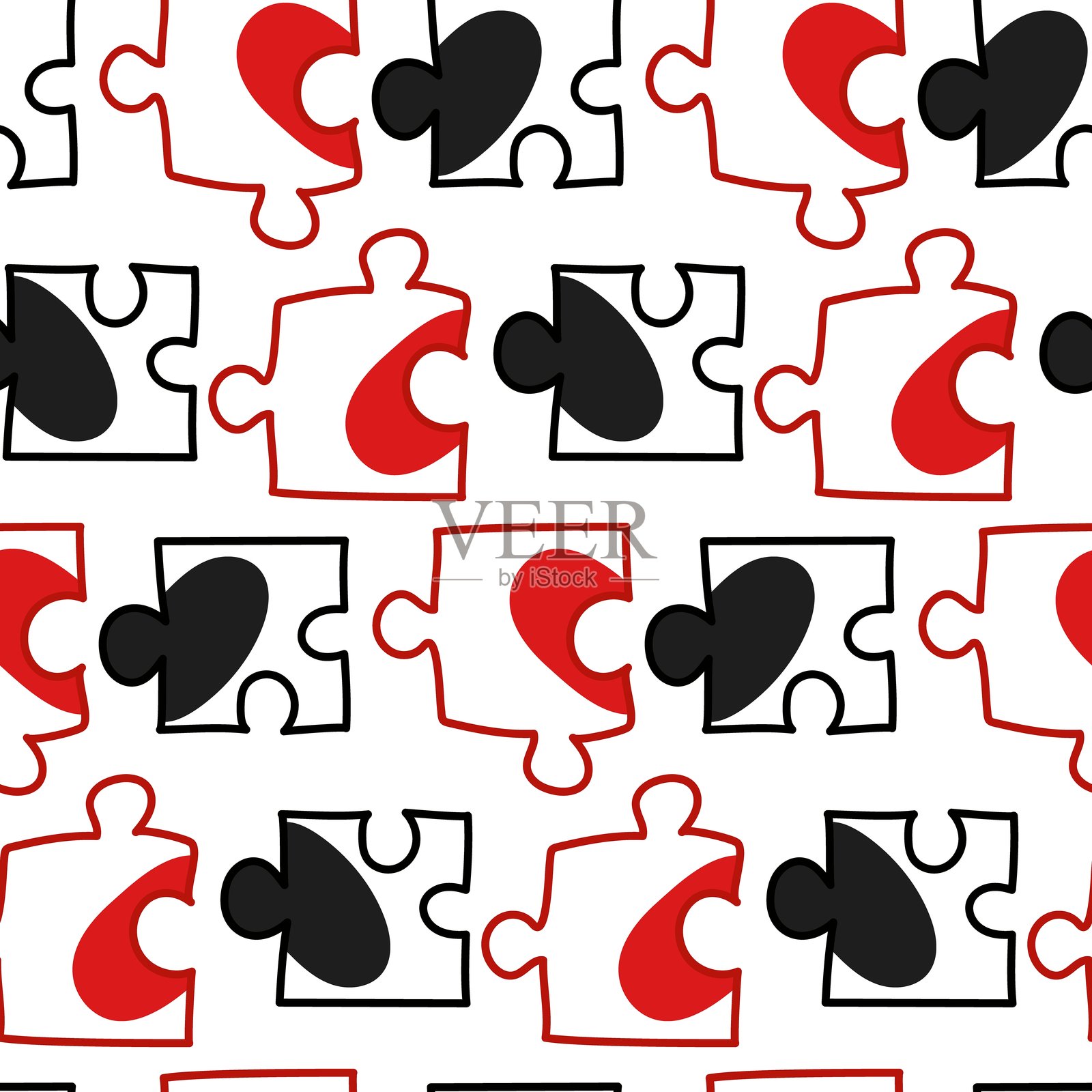 带有彩色拼图元素和绘制的心形半边的图案。拼图正在组装中。红色、黑色、白色。情人节。收集、搜索、构建。匹配的拼图随机散落。插画图片素材