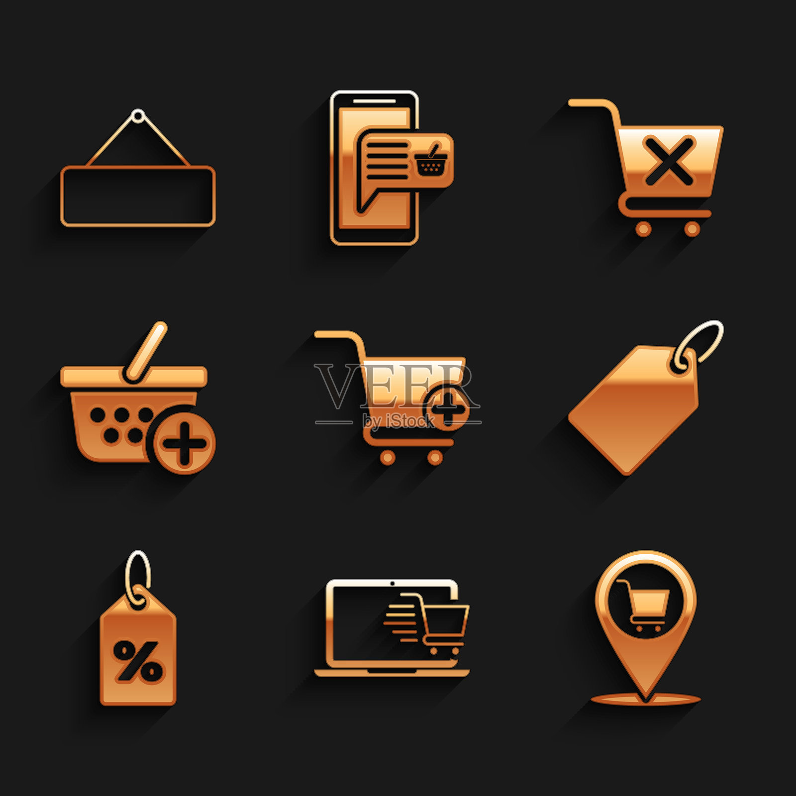 在笔记本电脑上设置“添加到购物车”，位置购物，标签模板价格标签，折扣百分比，购物篮，移除和悬挂标牌图标。矢量图。插画图片素材