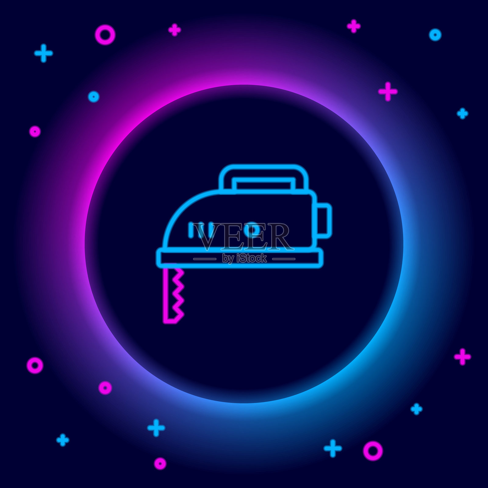 发光的霓虹线条电动拼图锯，带有钢制锋利刀片图标，背景为黑色。木工用电动工具。彩色轮廓概念。矢量图。插画图片素材