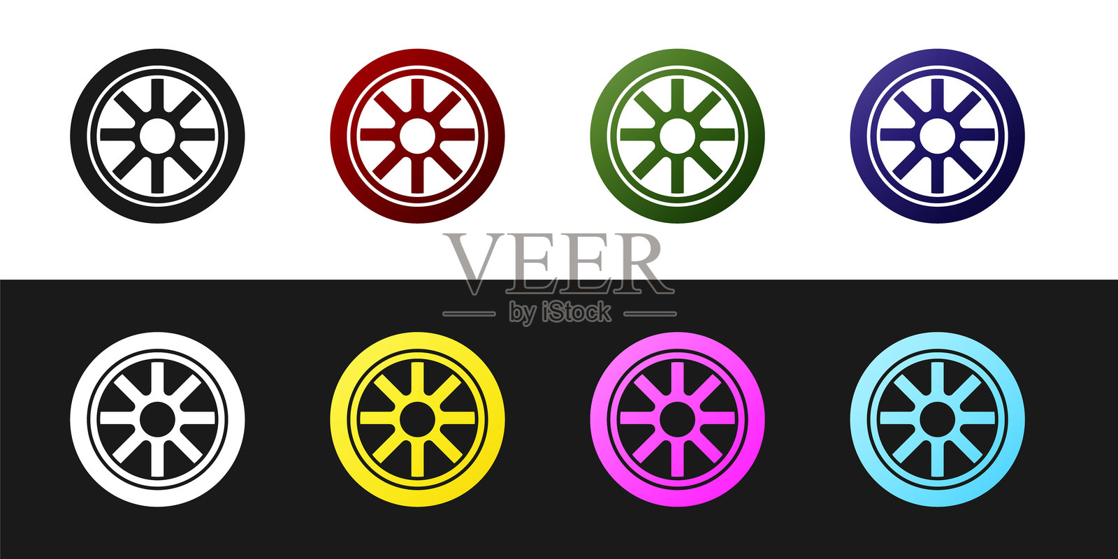 汽车轮胎图标，黑白背景。矢量图。插画图片素材