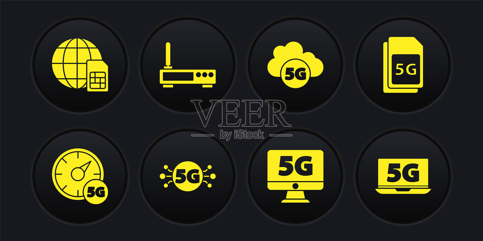 数字速度计，5G，SIM卡，网络，监控，云，路由器和Wi-Fi信号，笔记本电脑和地球图标。矢量图。插画图片素材