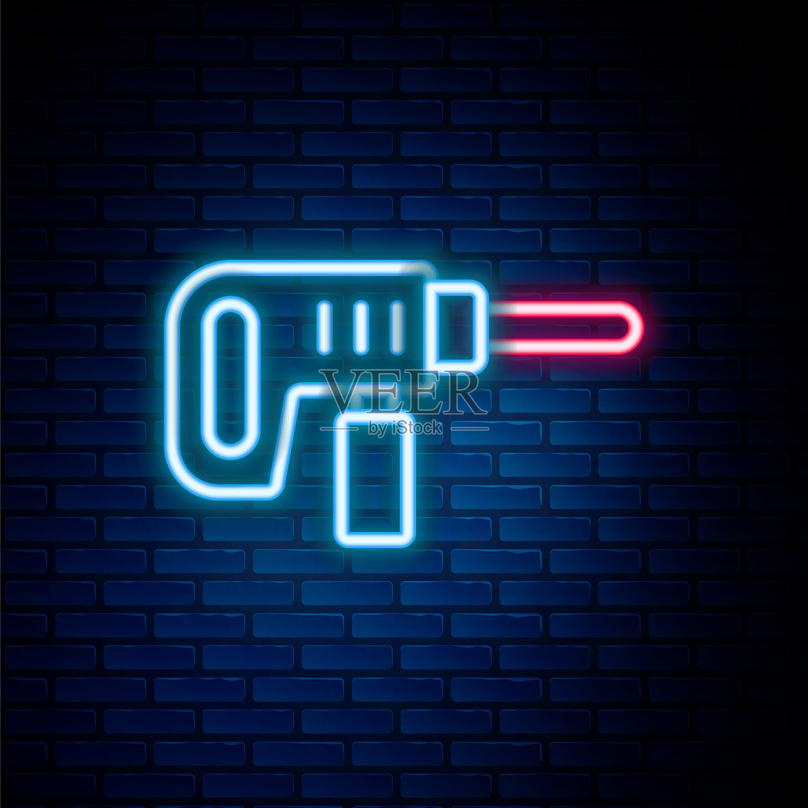 发光的霓虹线电钻图标，背景为砖墙。修理工具。彩色轮廓概念。矢量图。插画图片素材