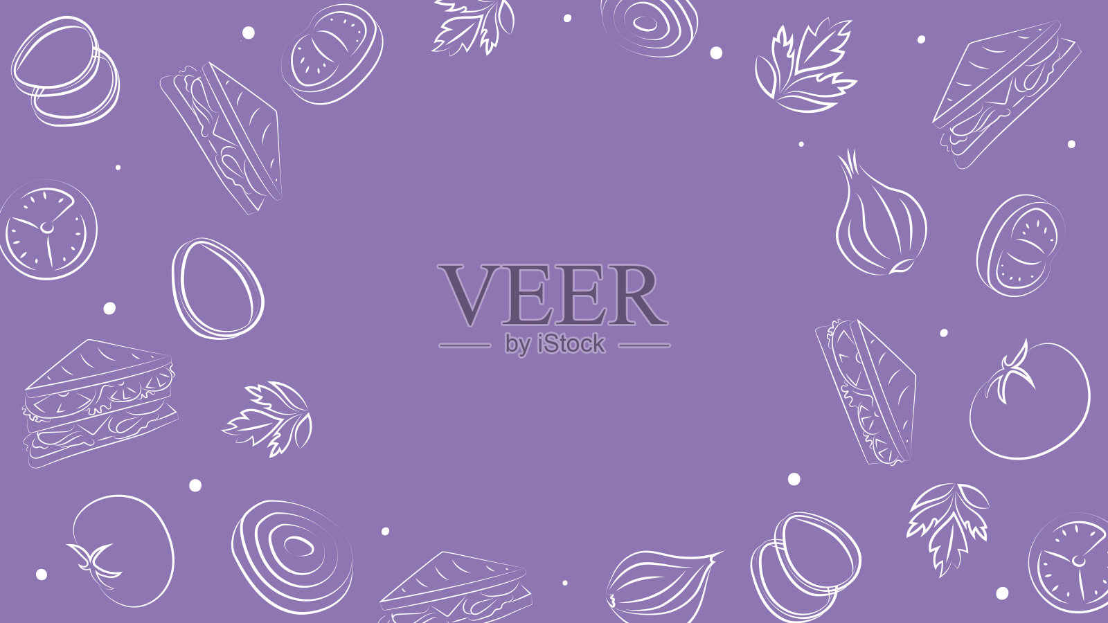 矢量插图。背景留有文本空白。洋葱、番茄的半边、切片和环状图案；三明治。素描风格。手绘厨房食材模板，适用于烹饪主题。插画图片素材