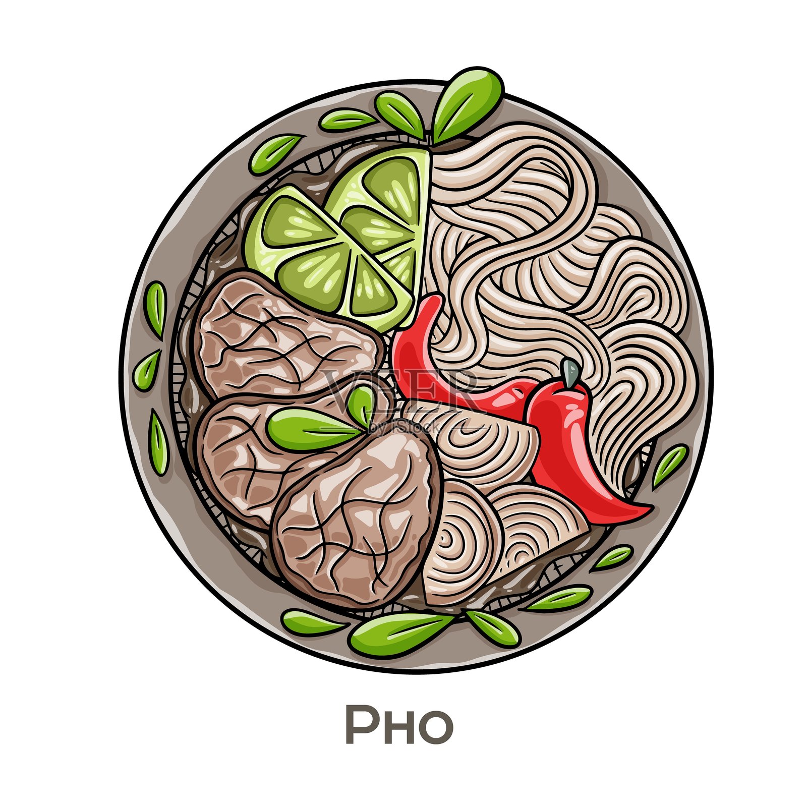 越南河粉是一种通常由米粉、汤底、牛肉或鸡肉等蛋白质以及新鲜香草制成的面汤。插画图片素材