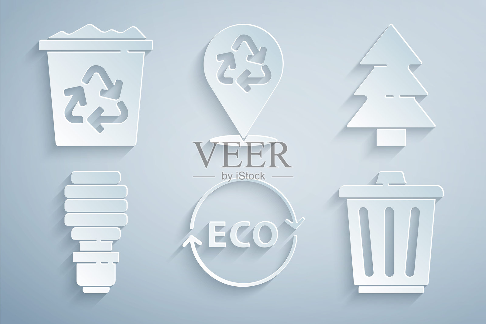 生态健康食品、圣诞树、LED灯泡、垃圾桶、带回收标志的回收箱。矢量图插画图片素材