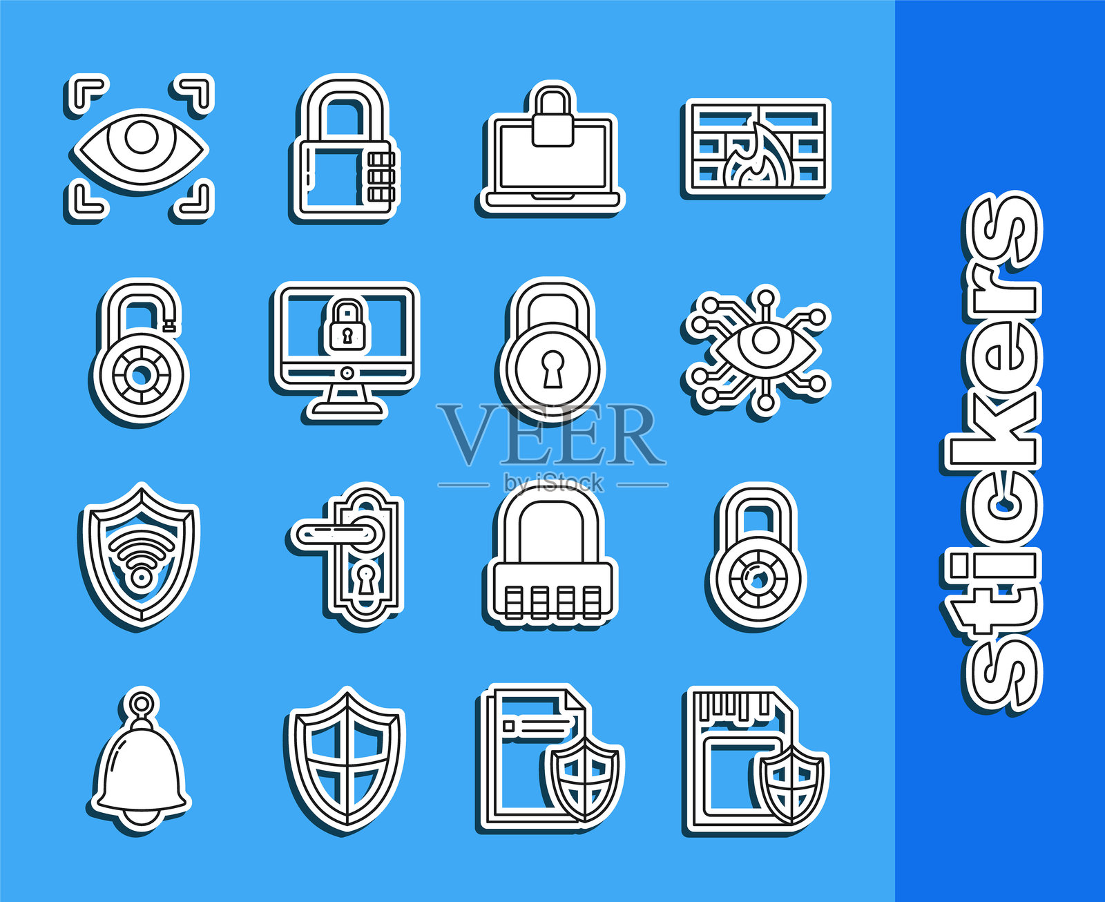 设置线SD卡和保护罩，安全组合锁轮，眼部扫描，笔记本电脑，锁定计算机显示屏和图标。矢量图插画图片素材