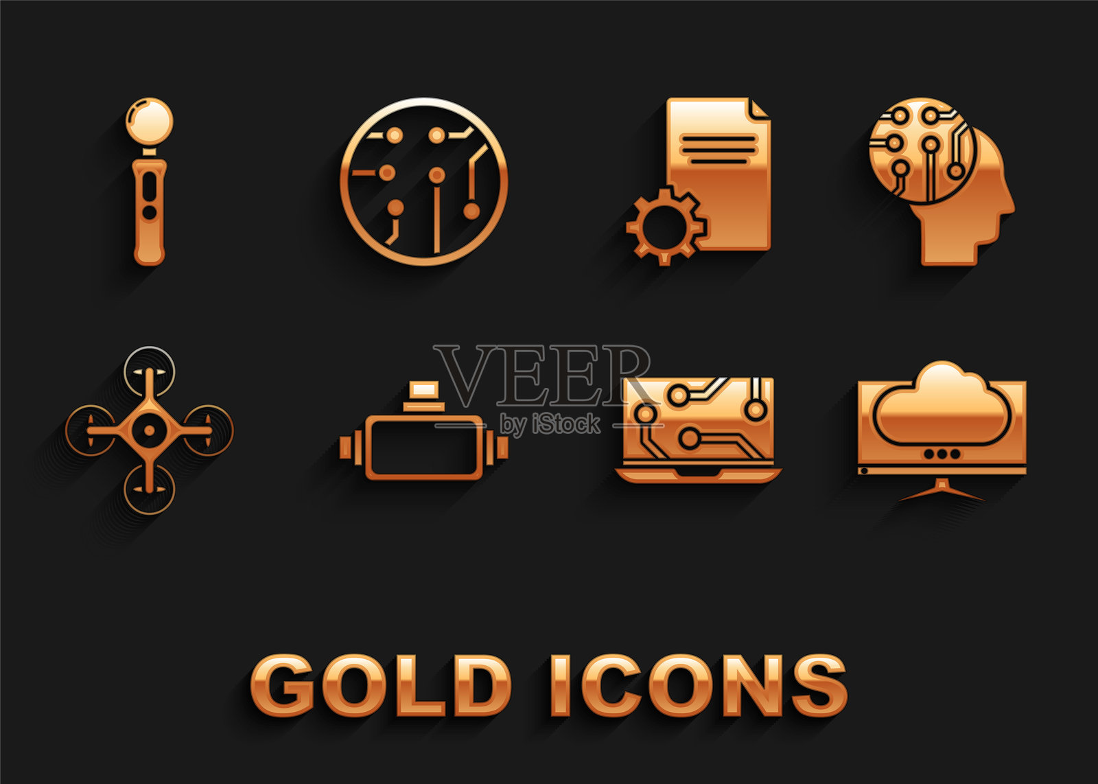 虚拟现实眼镜、人脑数字电路板、计算机显示器、笔记本电脑、无人机、文件文档、游戏手柄和处理器图标。矢量图。插画图片素材