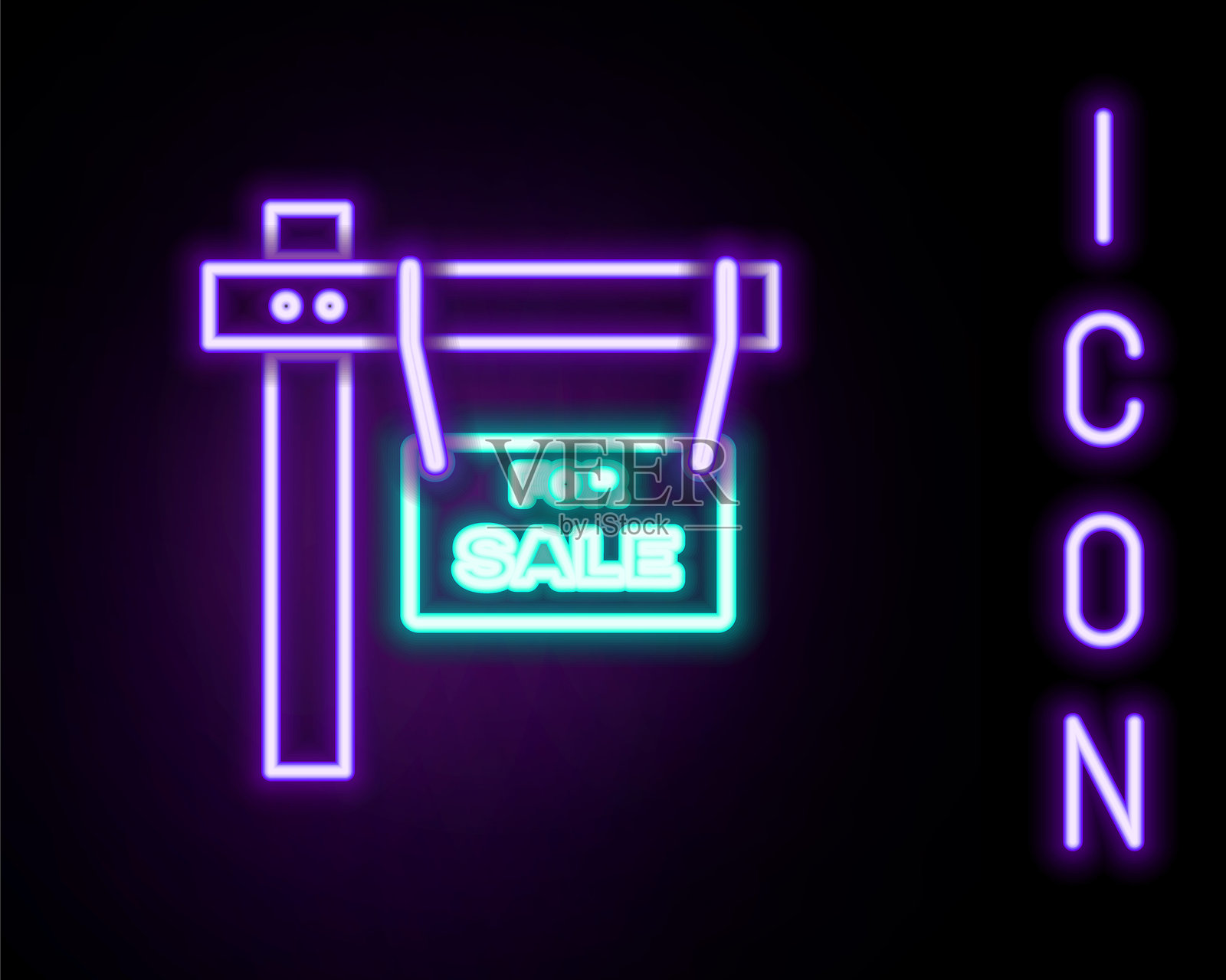 发光的霓虹线悬挂标志，带有“待售”文字图标，背景为黑色。带有“待售”文字的招牌。彩色轮廓概念。矢量图。插画图片素材