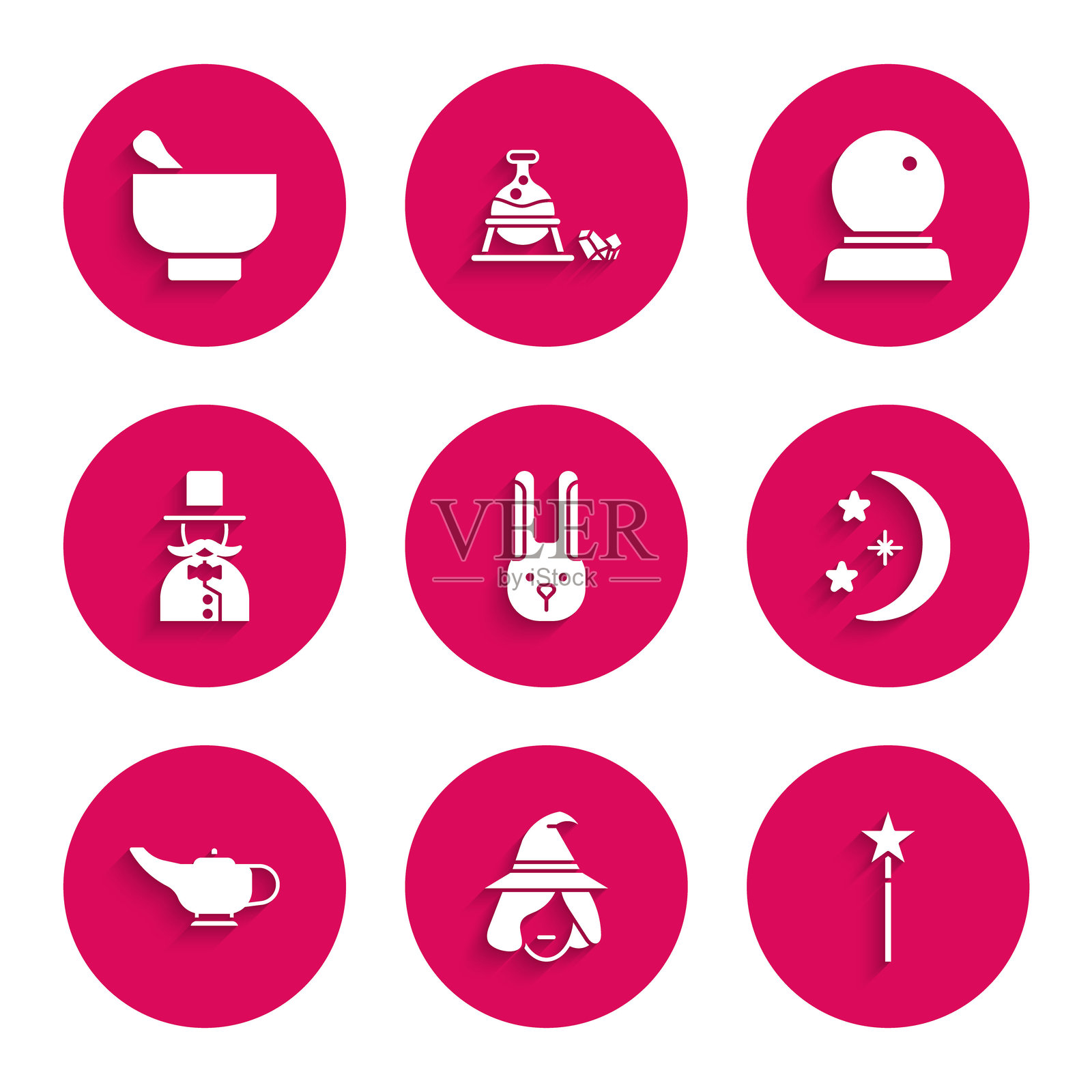 兔子与耳朵，女巫，魔法棒，月亮星星，灯或阿拉丁，魔术师，球和杵臼图标。矢量图。插画图片素材