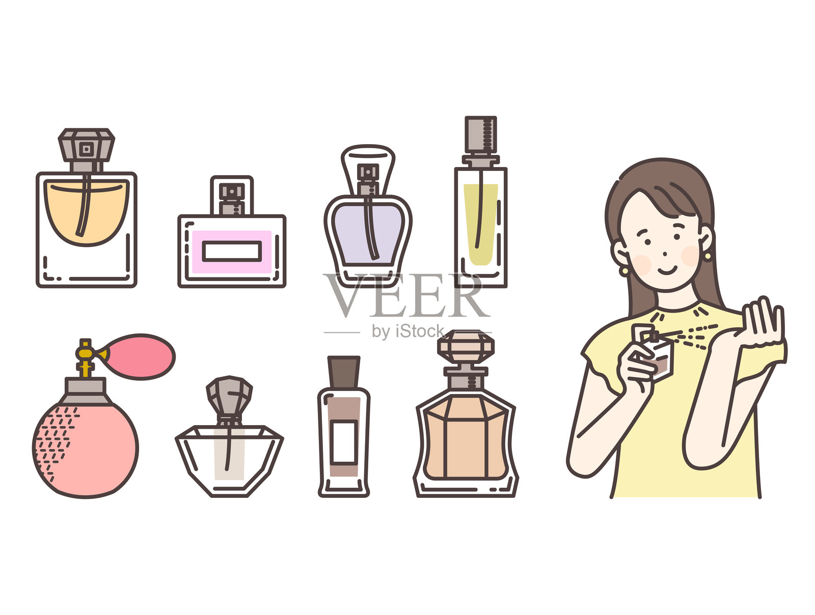 女性在喷洒香水和各种设计的香水插画图片素材