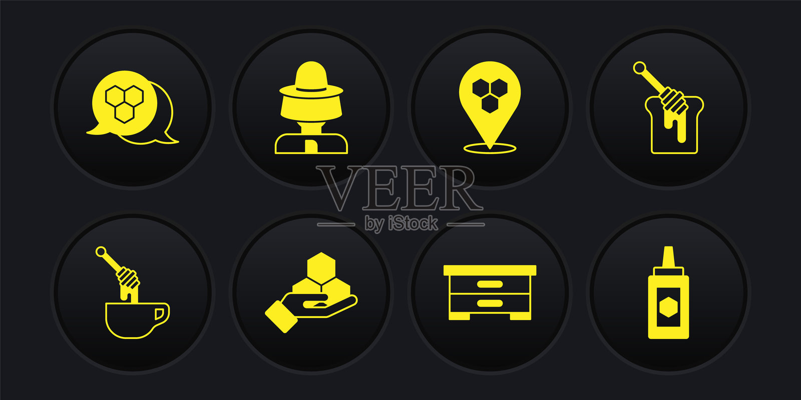 蜂蜜勺、蜂蜜、蜂巢和手、蜜蜂巢、养蜂人保护帽、罐子和图标的矢量图插画图片素材