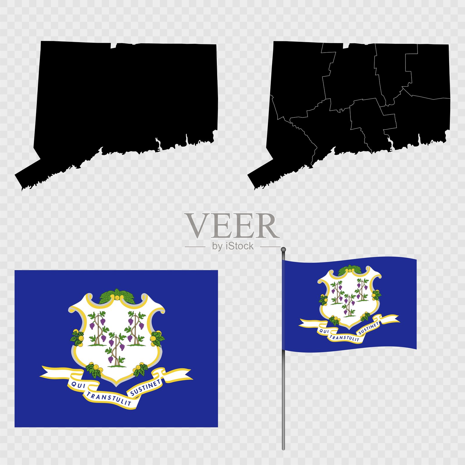 康涅狄格州的地图和带省份、旗帜及旗杆的地图。矢量插图。插画图片素材