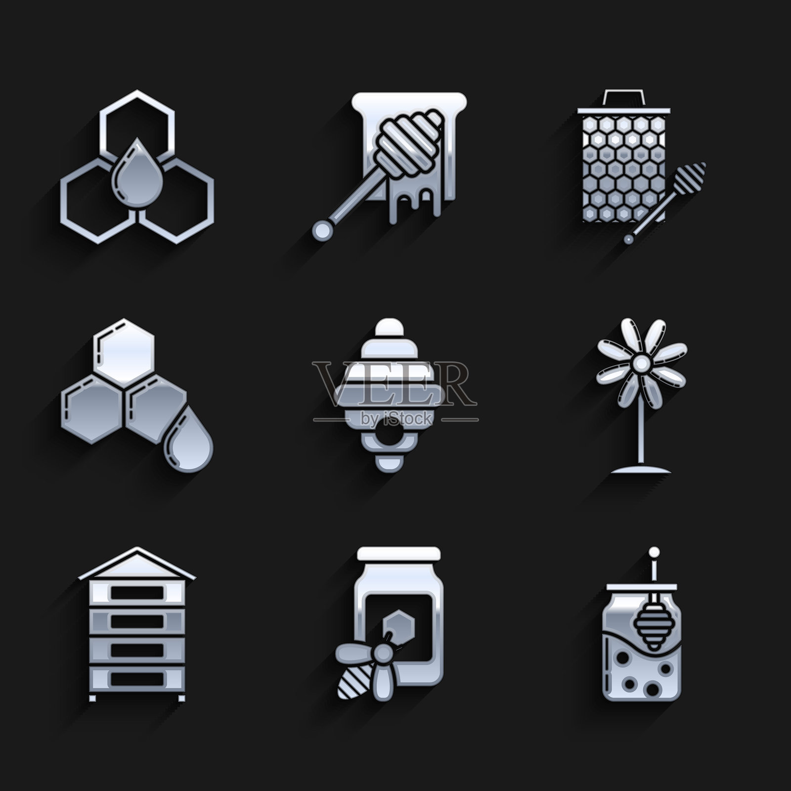 蜜蜂的蜂巢，蜜罐和蜜杖，花朵，蜂巢，图标和图标。矢量图。插画图片素材