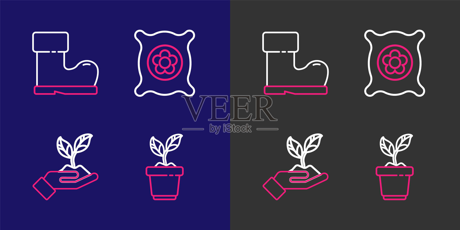 植物盆栽，环保手，装满种子的植物，防水橡胶靴图标。矢量图。插画图片素材