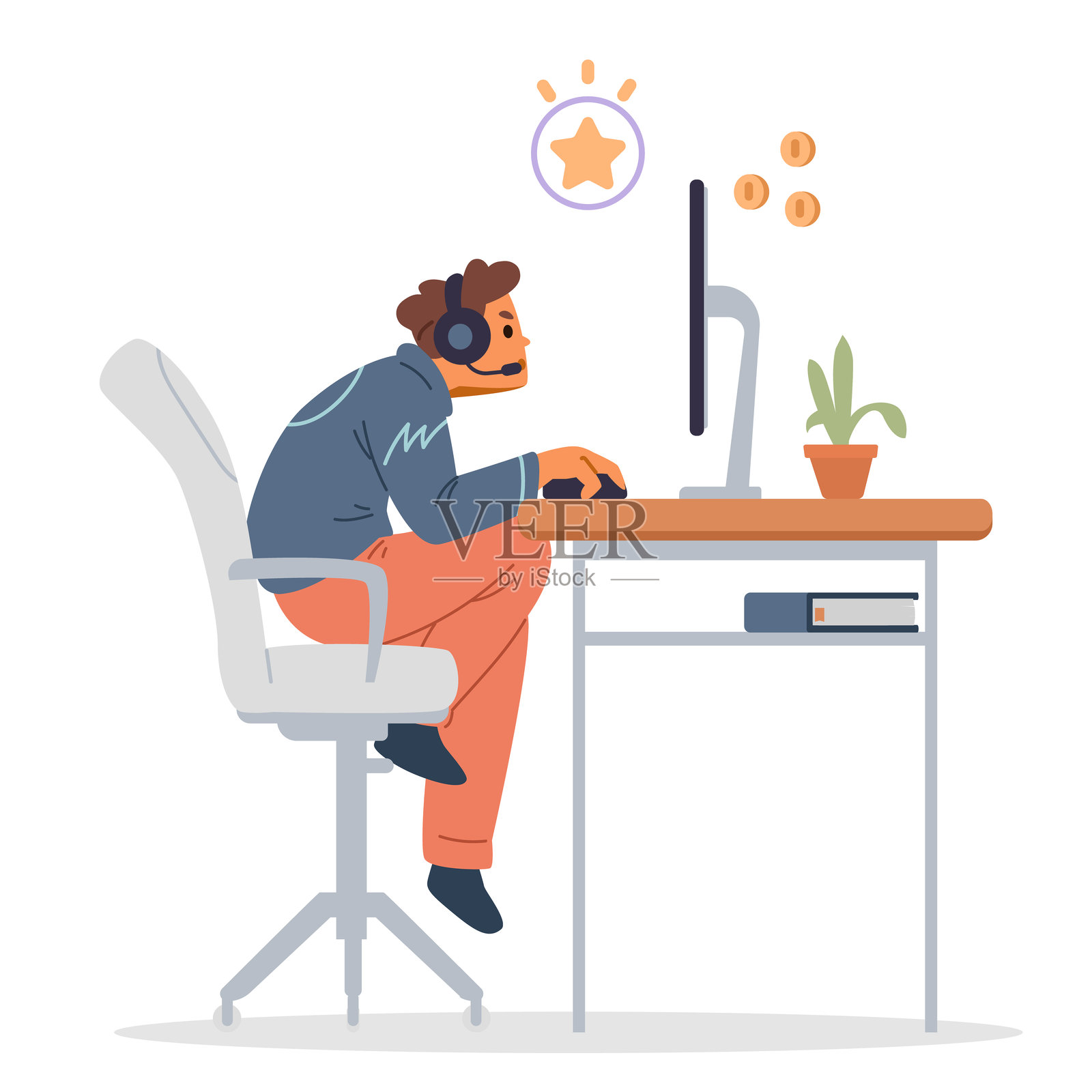 戴着耳机的少年在玩电脑游戏，扁平化矢量插图，背景为白色。插画图片素材