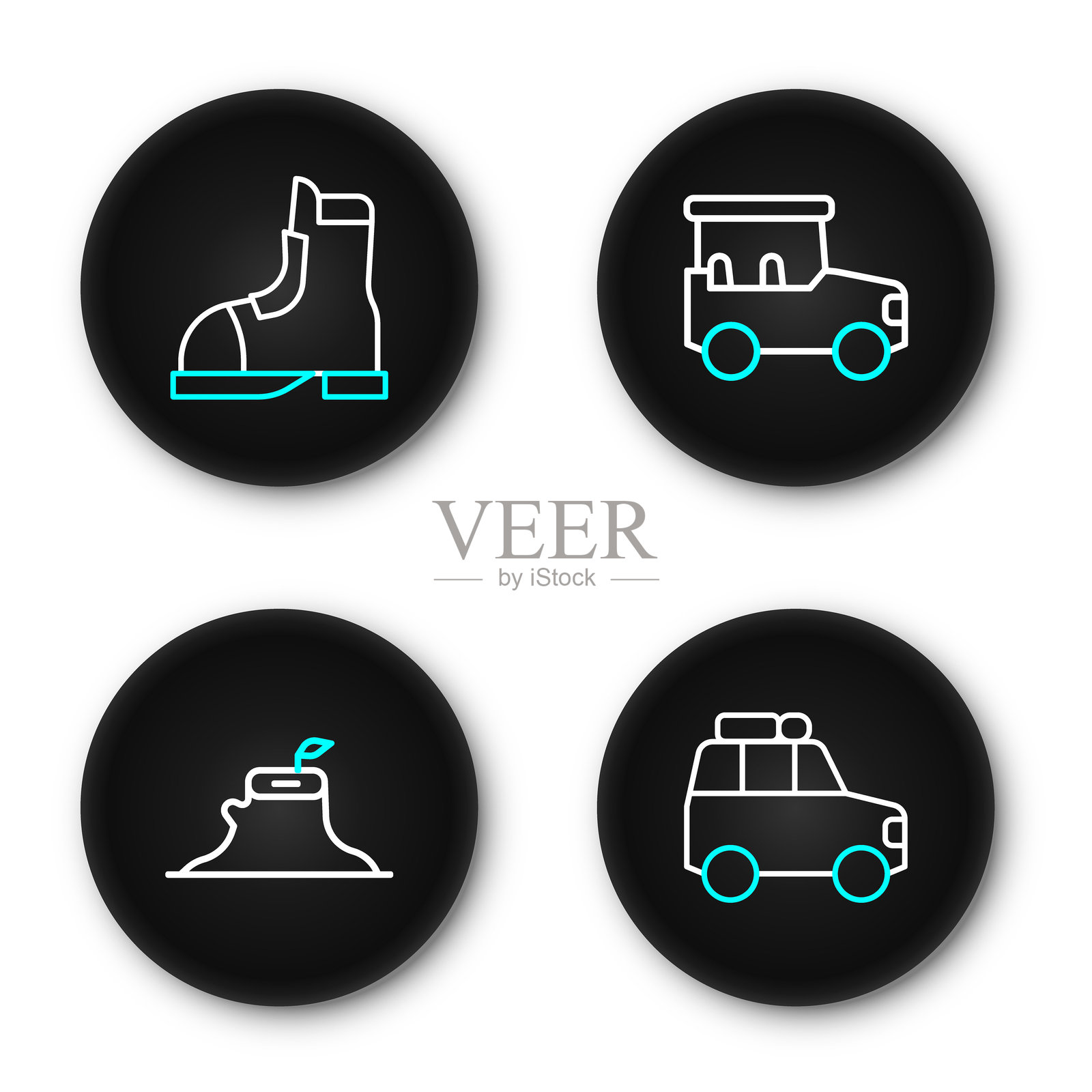 汽车、树桩、野生动物园车和猎人靴图标。矢量图。插画图片素材