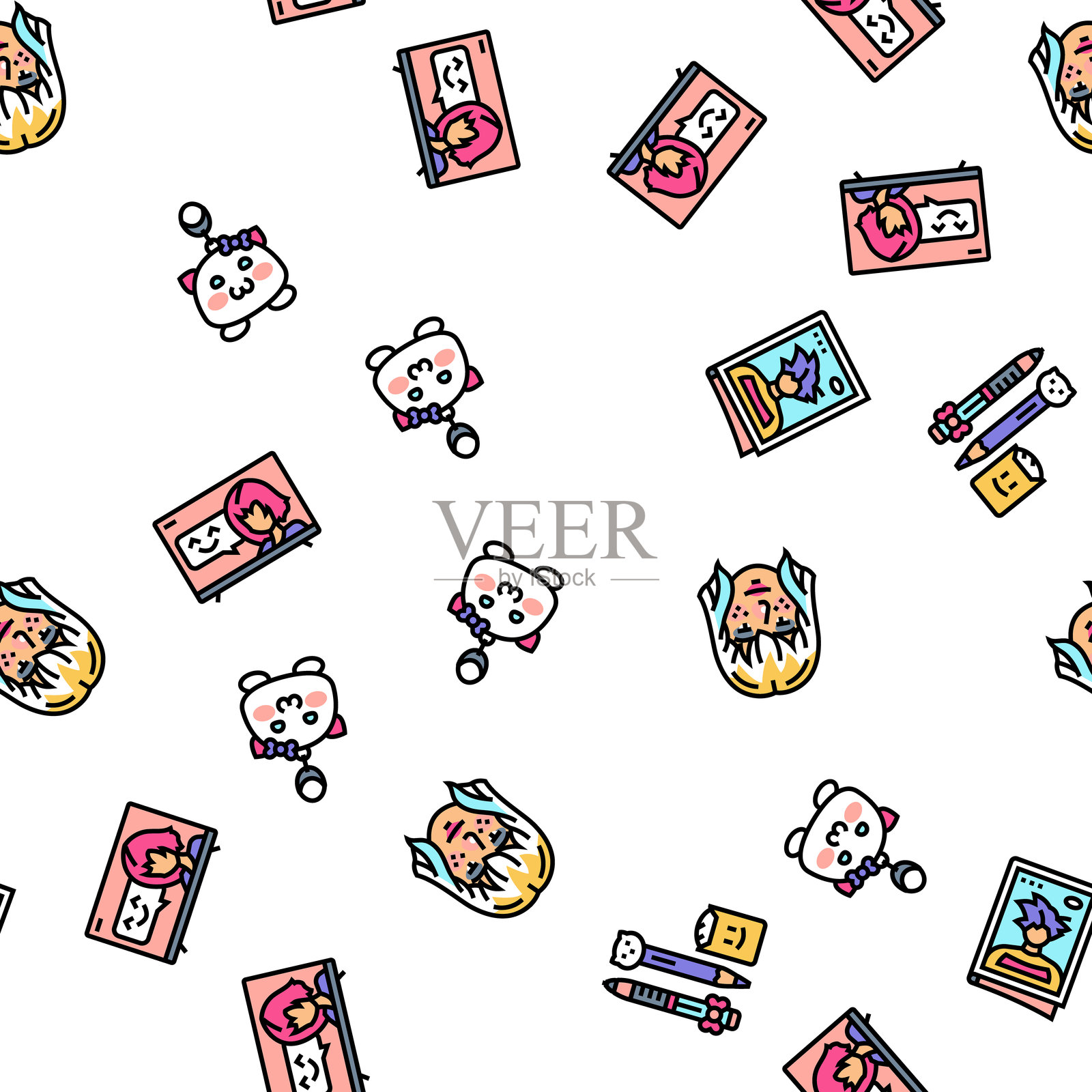 可爱动漫表情符号无缝图案矢量图插画图片素材