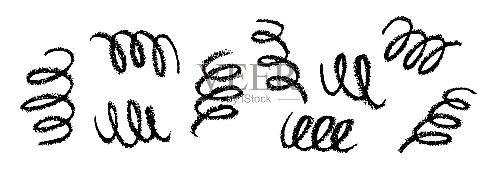 弯曲的弹簧刷线，带有涟漪和华丽的尾巴。流畅的书法装饰。平面矢量插图，背景为白色。插画图片素材