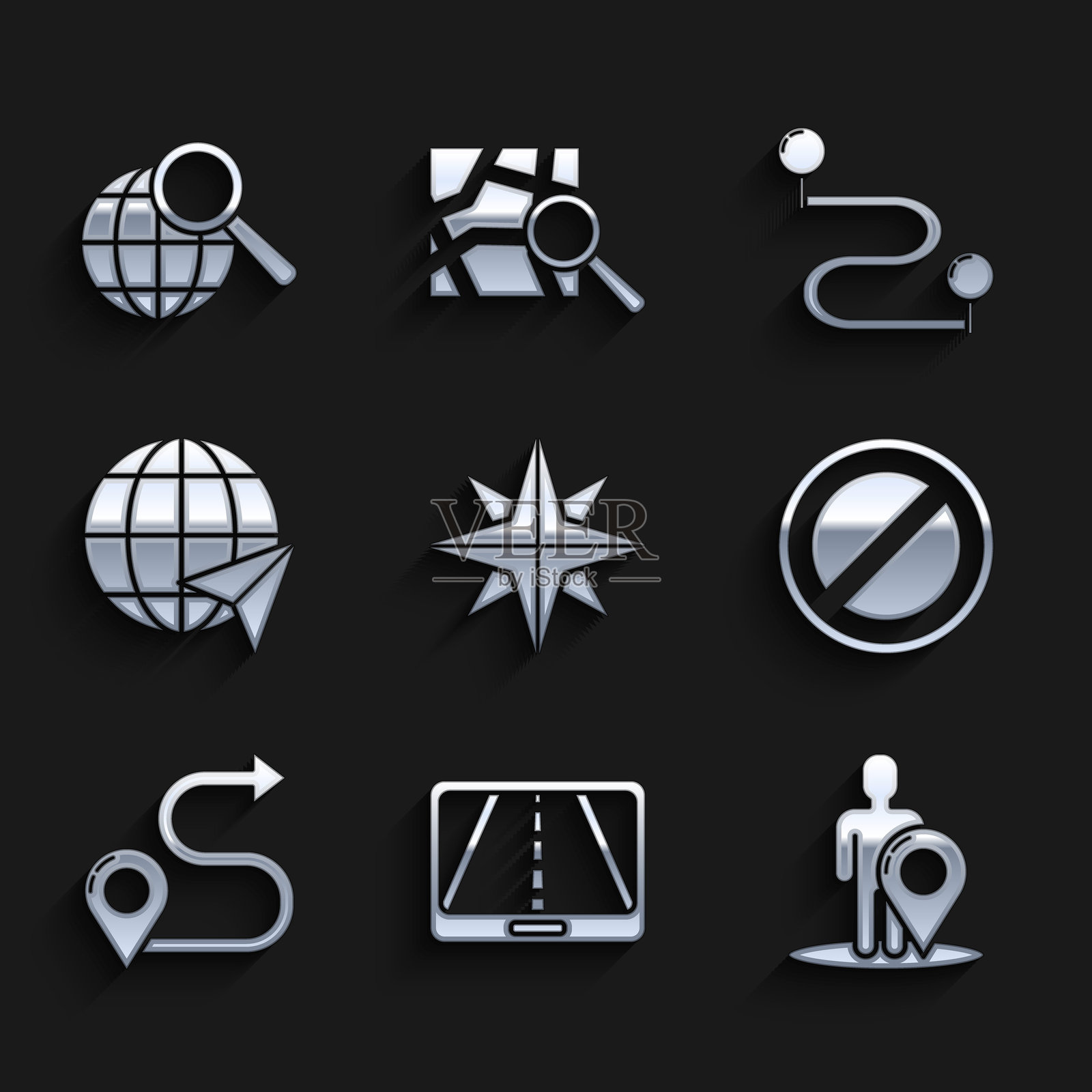 风向玫瑰，城市地图导航信息图，带人形轮廓的地图标记，停车标志，路线位置，地球位置，放大镜图标。矢量图。插画图片素材