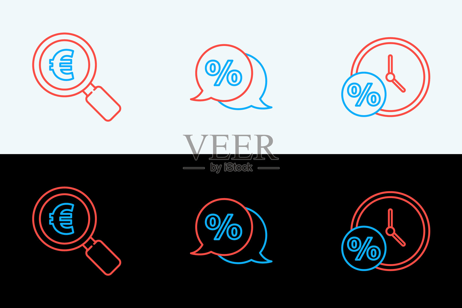设置时钟和百分比，放大镜欧元和折扣标签图标。矢量图。插画图片素材