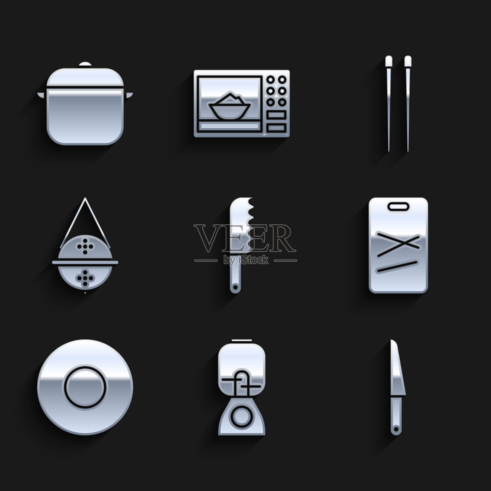 面包刀、搅拌机、刀具、切菜板、盘子、茶球过滤器、食品筷子和炊具图标。矢量图。插画图片素材