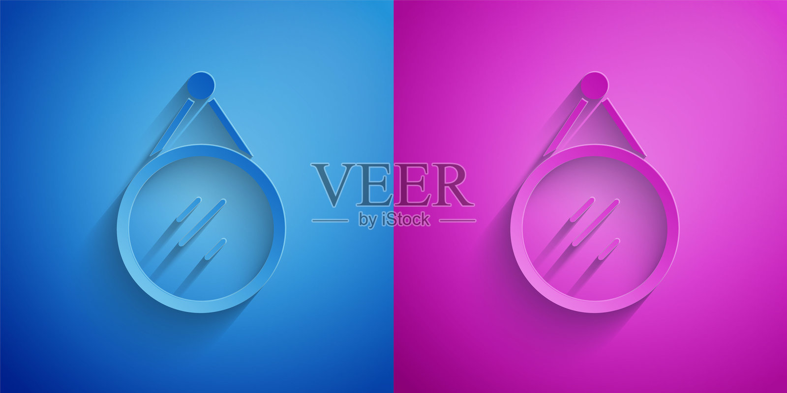 剪纸镜子图标，独立于蓝色和紫色背景。纸艺风格。矢量图。插画图片素材