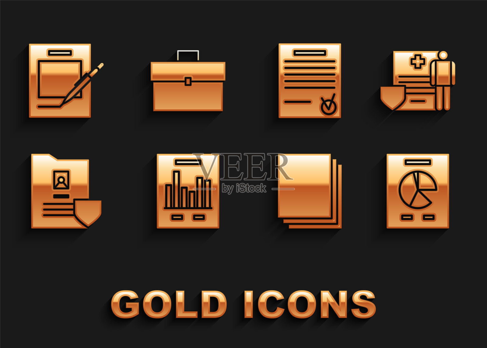 带有图表的文档，医疗夹板临床记录，干净的纸张，盾牌，确认的文件和勾选标记，空白笔记本，笔和公文包图标。矢量图。插画图片素材