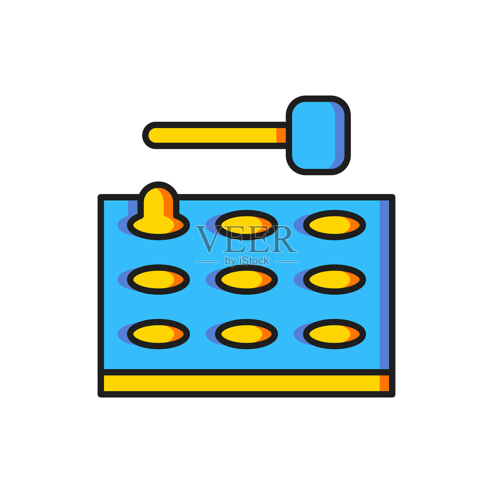 彩色街机游戏机，带锤子图标，孤立在白色背景上。游乐园景点。扁平填充轮廓风格，带阴影。矢量图。插画图片素材