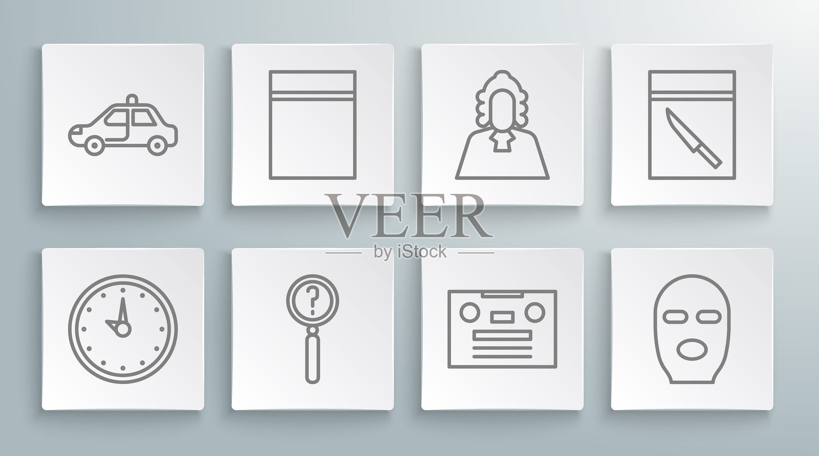 设置时钟，带拉链的塑料袋，放大镜搜索，复古音频磁带，小偷面具，法官，证据和刀，警车闪光灯图标。矢量图。插画图片素材