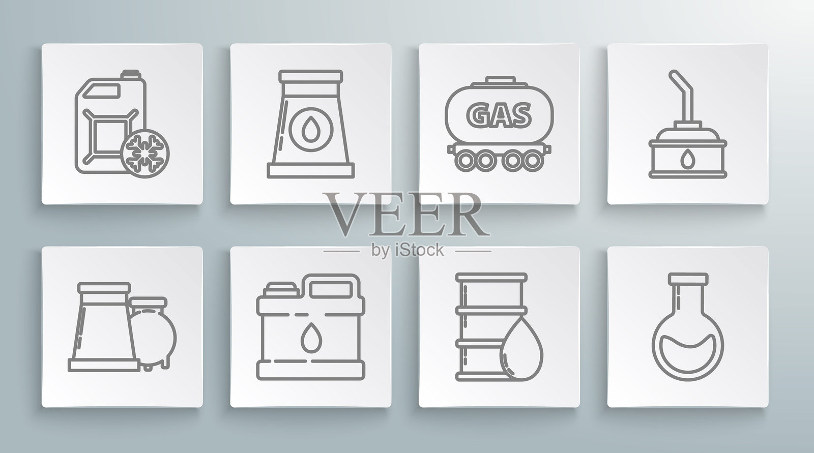 石油和天然气工业工厂建筑，机油罐，桶，试管，气体铁路罐车，以及防冻液罐图标。矢量图。插画图片素材