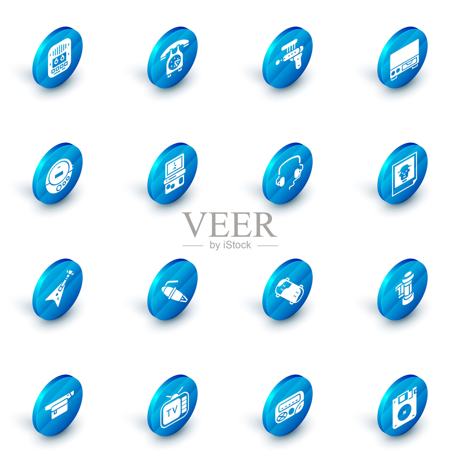 电话听筒、激光枪、老式录像带播放器、音乐CD、电贝斯吉他、俄罗斯方块、照片和耳机图标。矢量图。插画图片素材