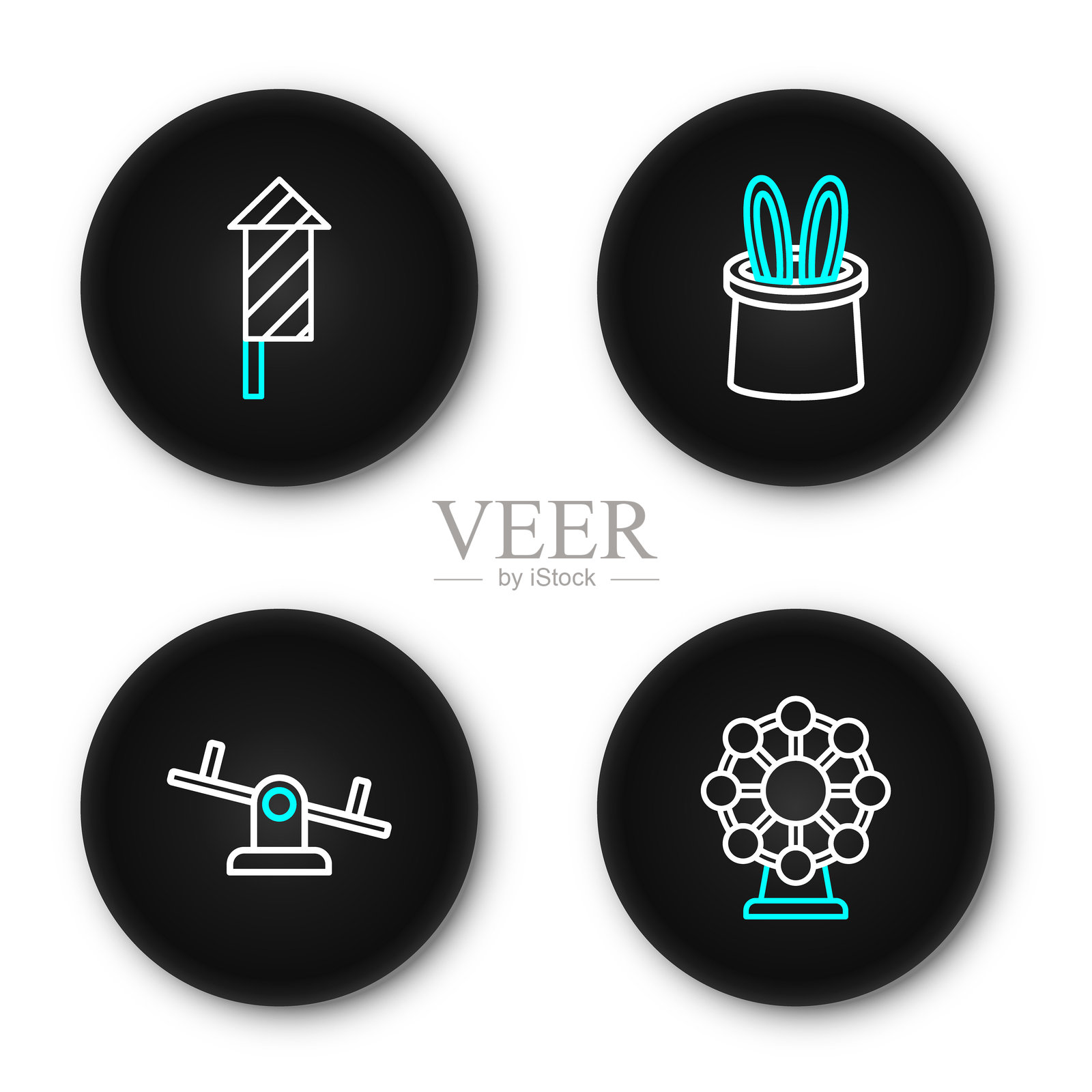 摩天轮、秋千、魔术师帽子和兔耳朵以及烟花火箭图标。矢量图。插画图片素材