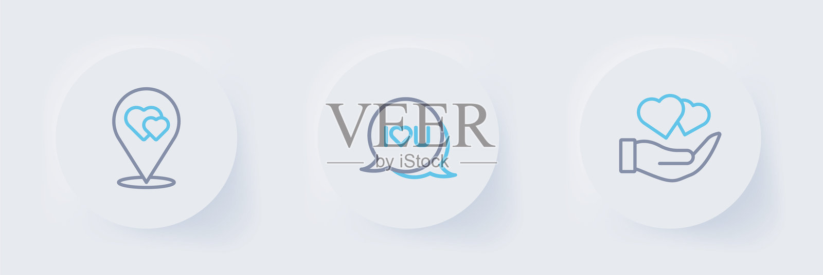 手中握着心形图案，气泡文字“我爱你”，带有心形图标的位置。矢量图。插画图片素材